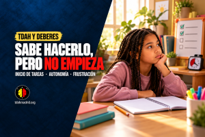 Niña ante un cuaderno abierto con dificultad para empezar los deberes en una portada sobre TDAH.
