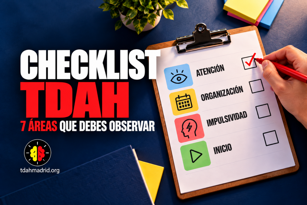 Checklist TDAH con señales de atención, organización, impulsividad e inicio de tareas