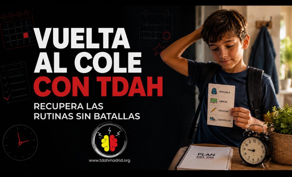Niño con TDAH preparando la mochila y siguiendo una rutina visual para la vuelta al colegio después del verano.
