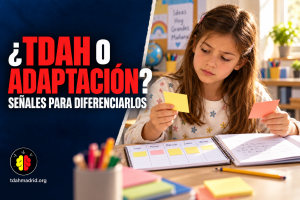 Niña organizando su planificador escolar junto al título TDAH o adaptación: señales para diferenciarlos.